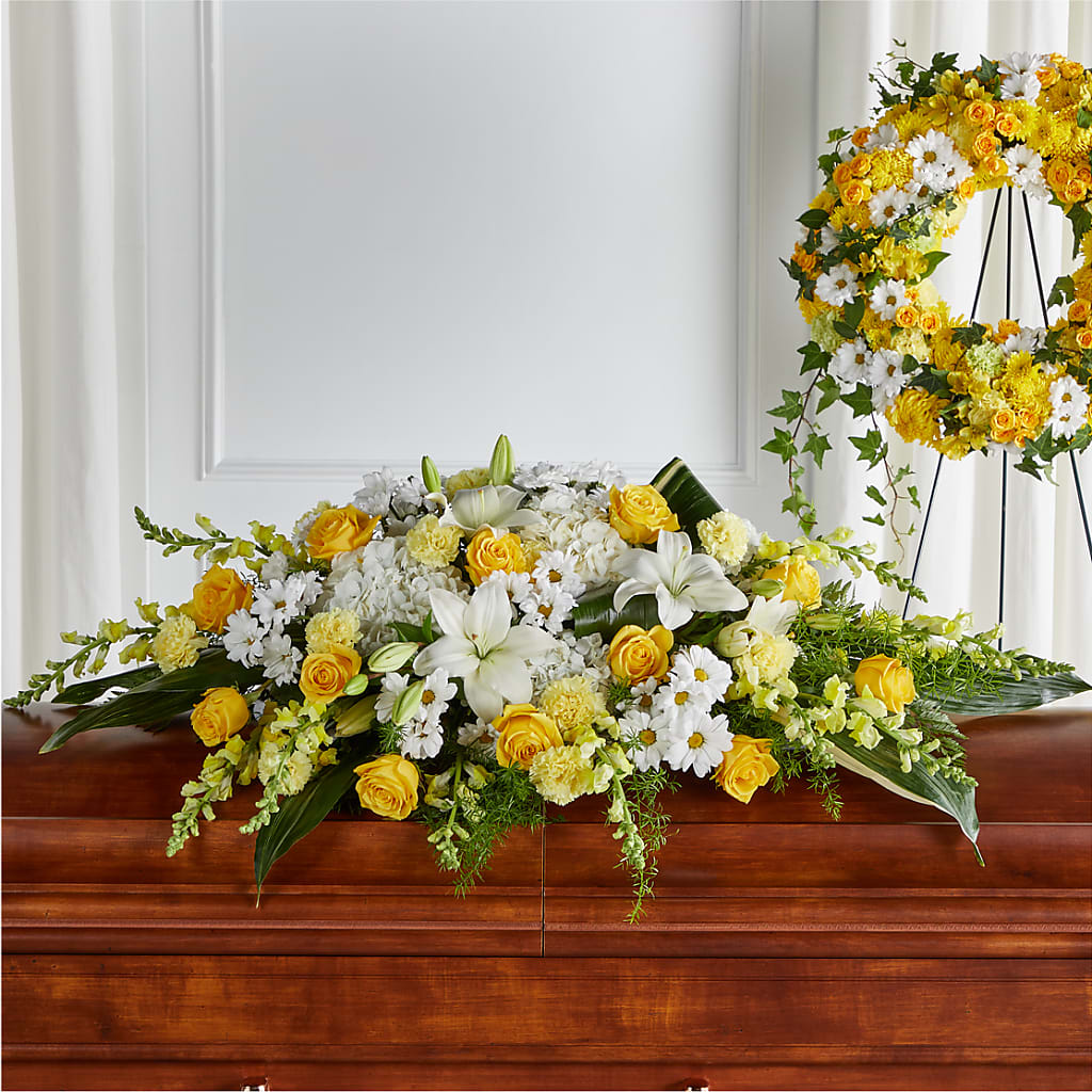 Golden Harmony Casket Spray – SATELLITE FLORIST & GARDEN CENTRE, Hamilton ON