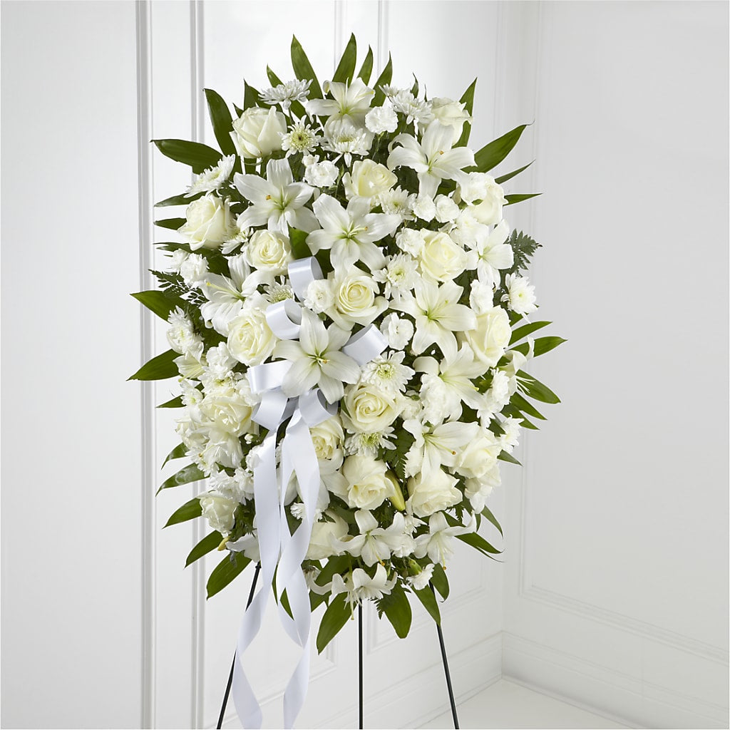 Exquisite Tribute Standing Spray-White Ribbon – SATELLITE FLORIST & GARDEN CENTRE, Hamilton ON