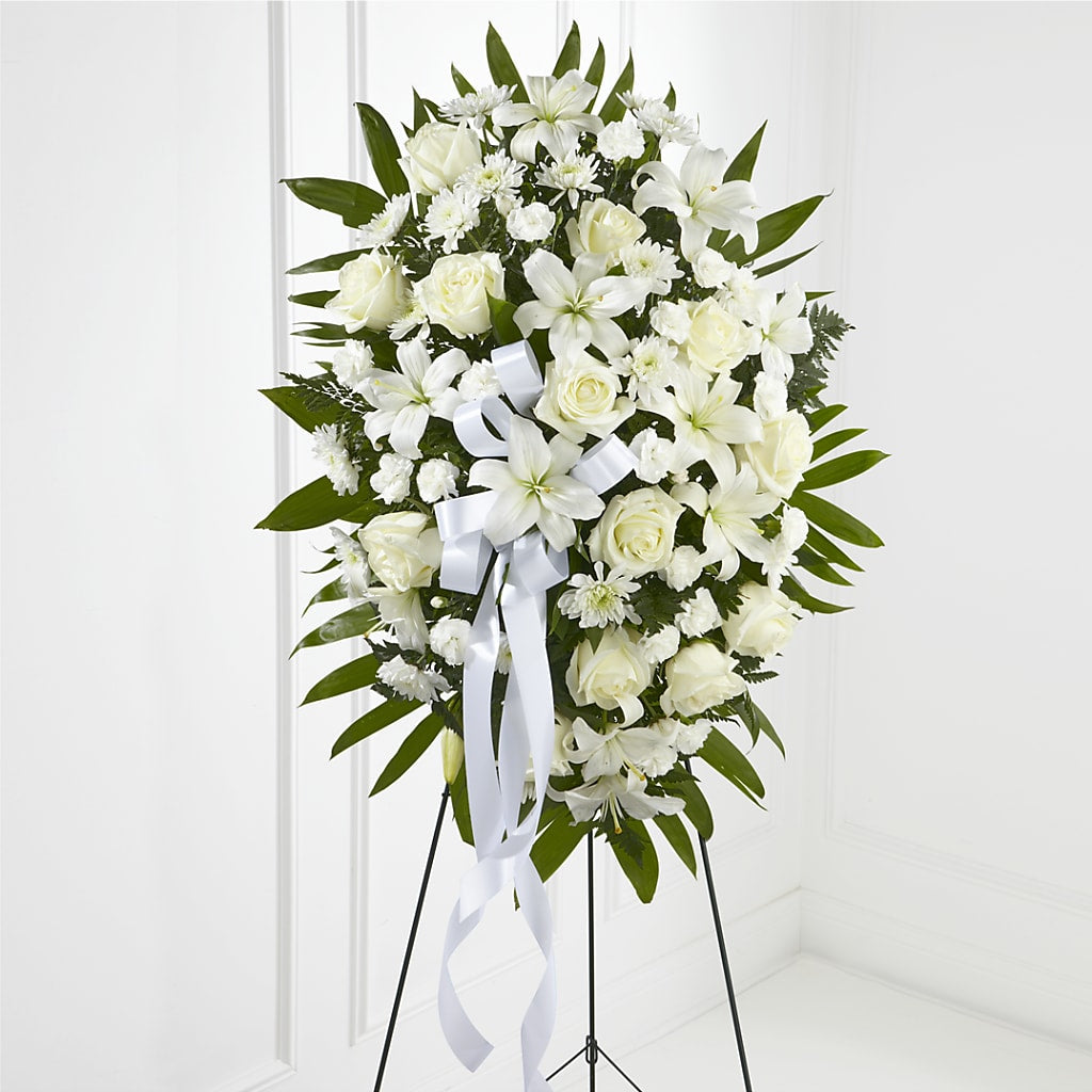 Exquisite Tribute Standing Spray-White Ribbon – SATELLITE FLORIST & GARDEN CENTRE, Hamilton ON