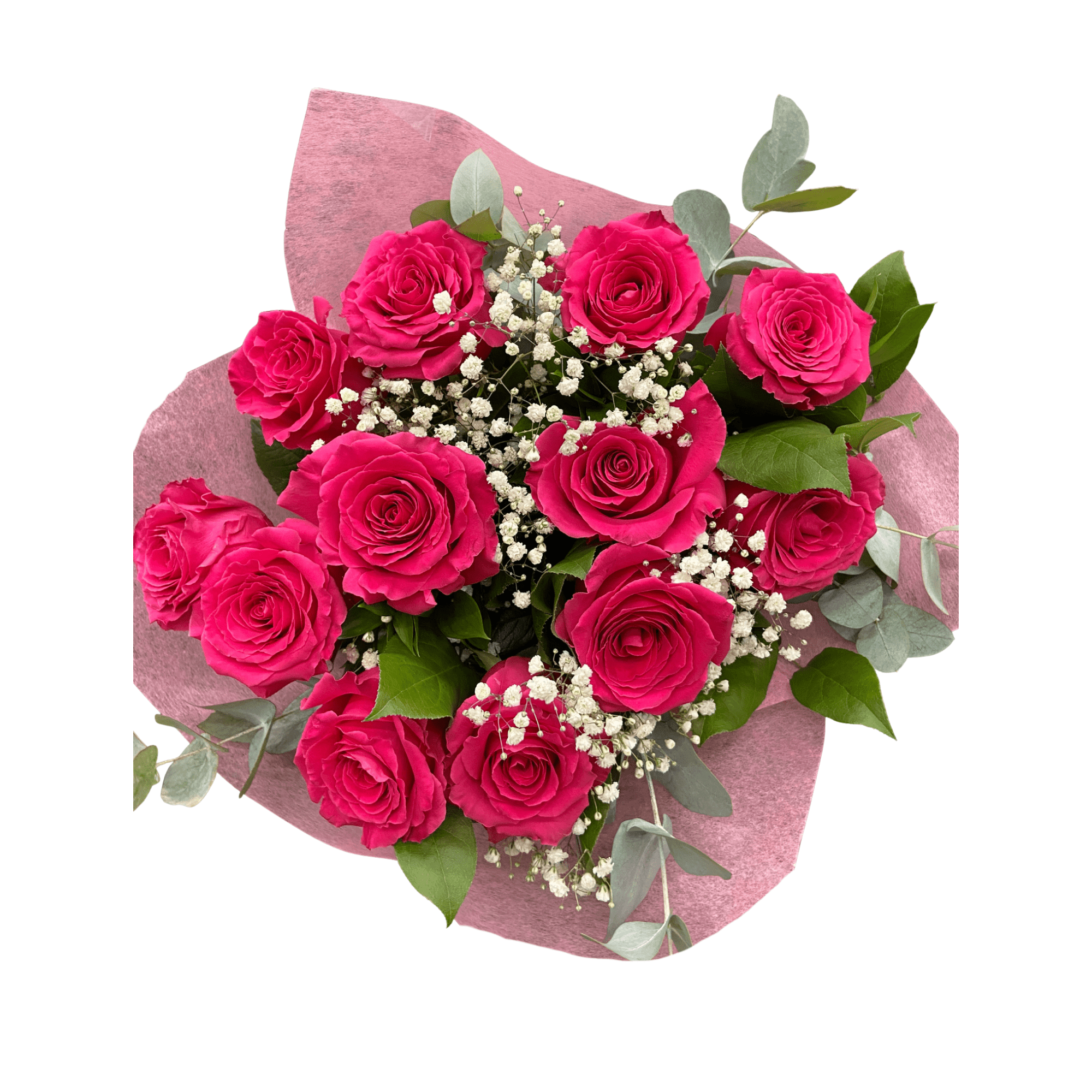 One Dozen Hand - Tied Dark Pink Rose Bouquet with Baby's Breath - Satellite Garden Centre