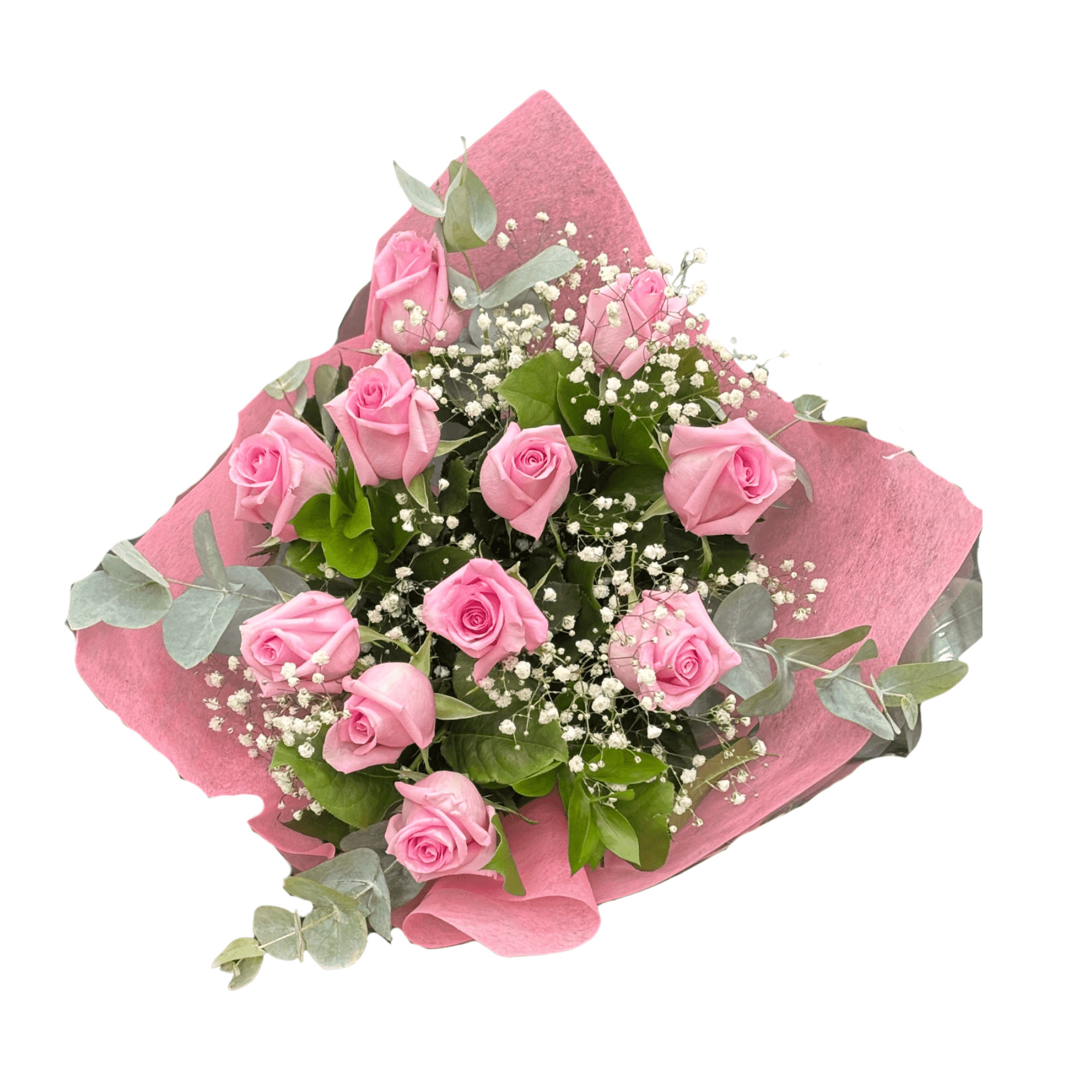 One Dozen Hand - Tied Light Pink Rose Bouquet with Baby's Breath - Satellite Garden Centre